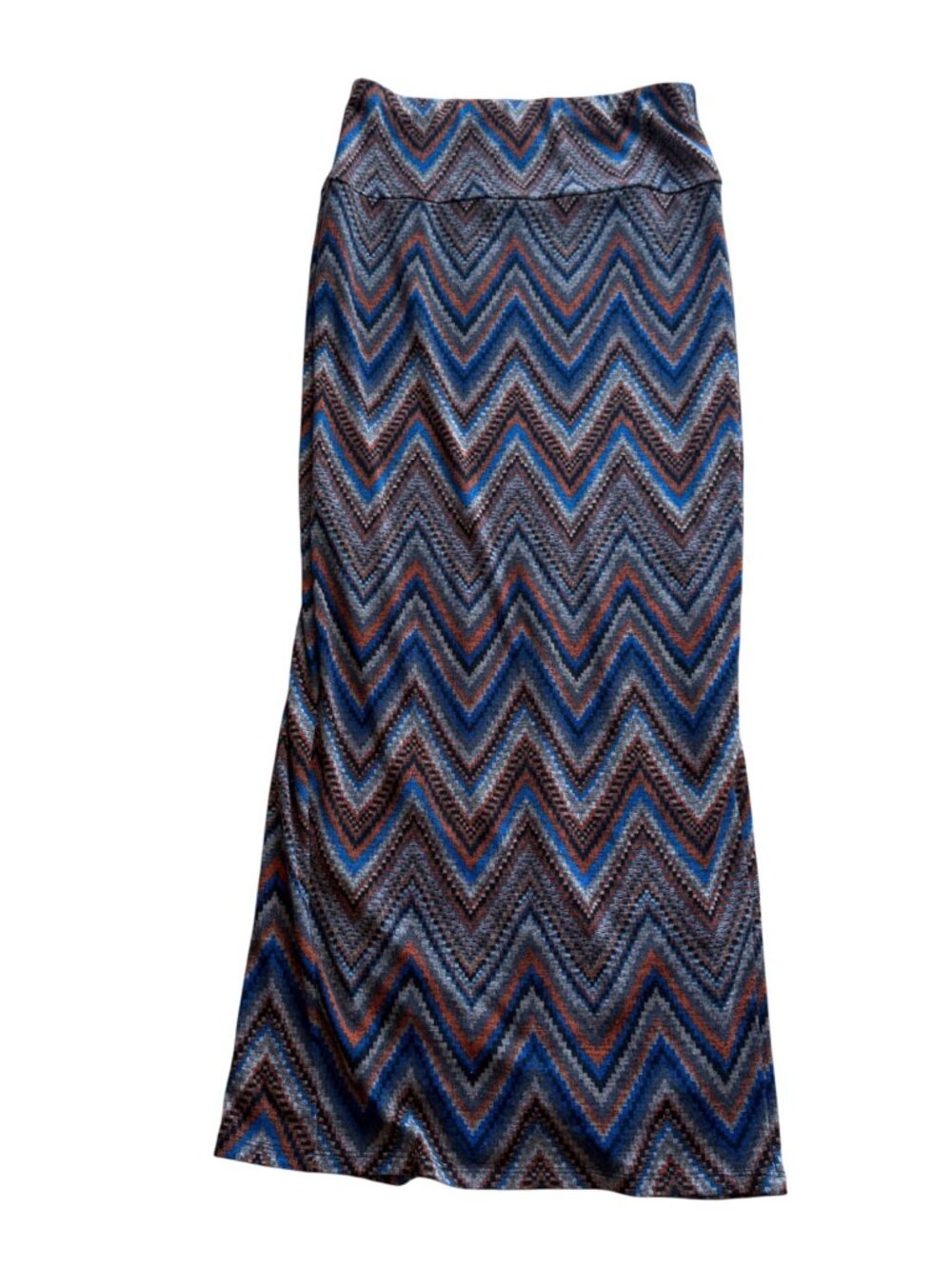 Anthropologie Amadi Women's Maxi Skirt L Blue Orange Chevron Knit Foldover Waist